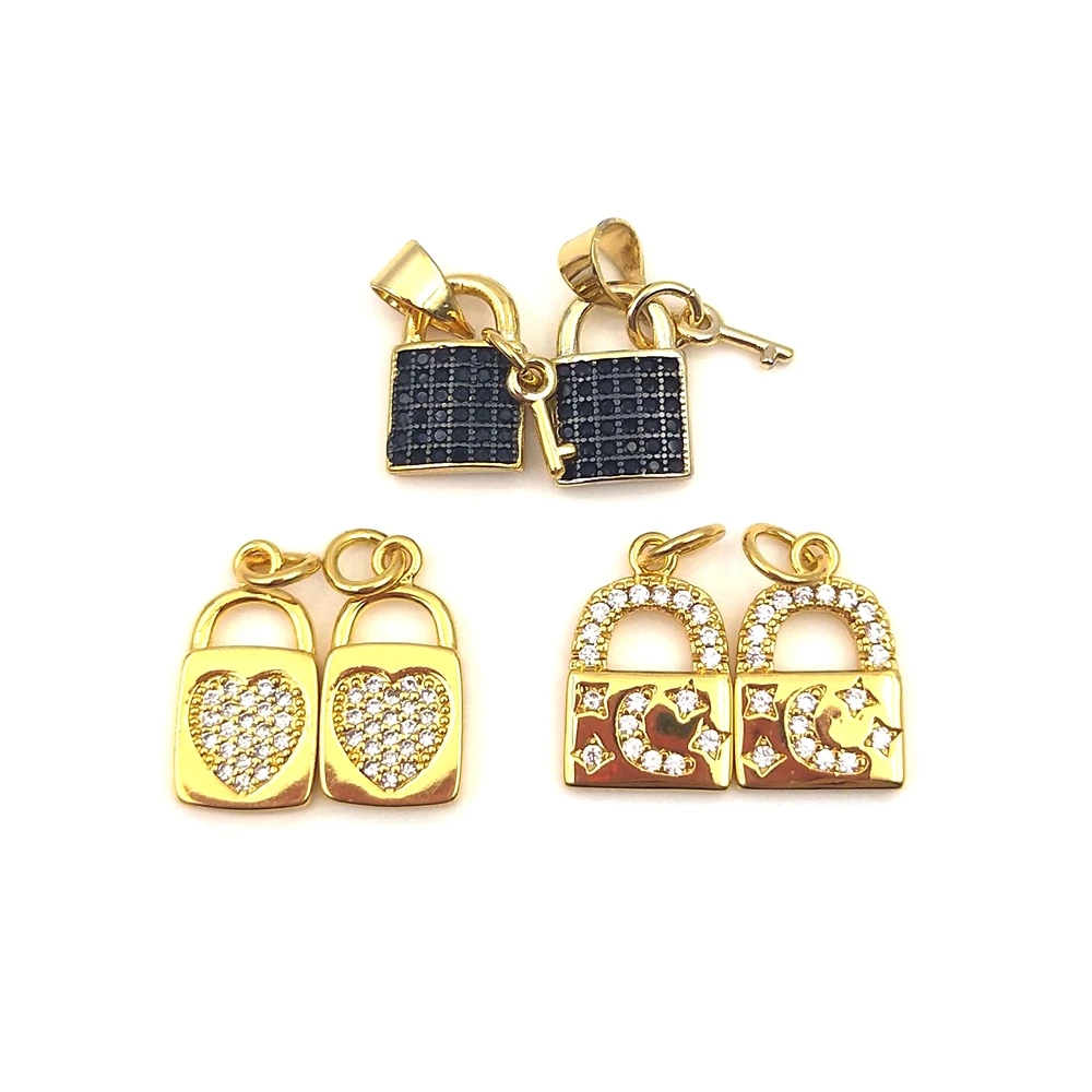 

18K Gold Plate Copper Alloy Fashion Lock Shaped Charm Black Key/Heart/Moon/Star Pendant For Jewelry Making, Multi color