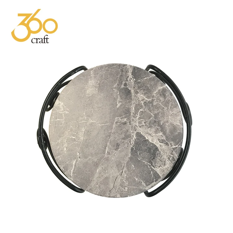 

Water Absorbent Marble Ceramic Table Tea Cup Coaster Set Metal Holder