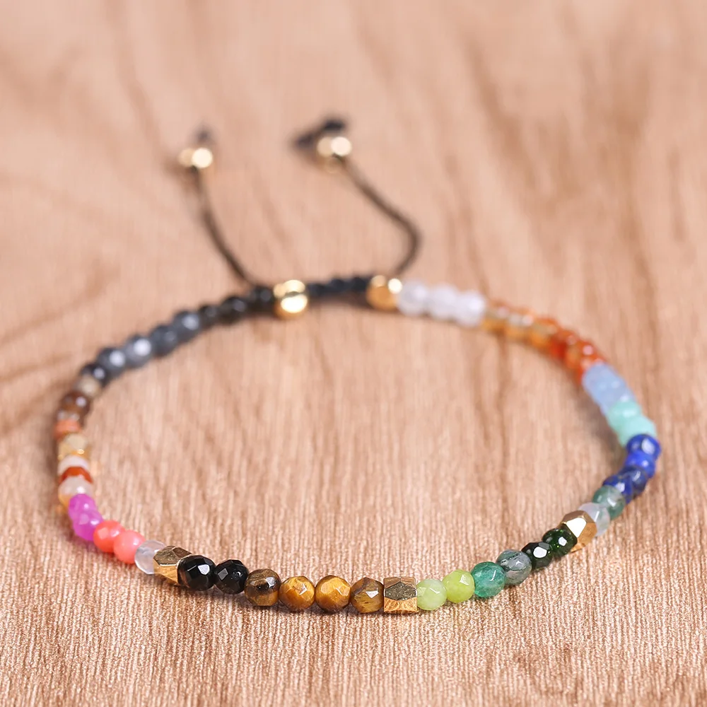 

Bohemian Colorful Friendship Adjustable Beaded 7 Chakra 3mm Natural Healing Stone Bracelet