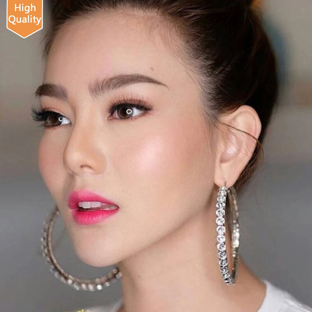 

Classic Trendy Stunning Glass Rhinestone Gems Hoop Earrings For Women Jewelry Fashion Crystal Diamond Hoop Clip Earrings