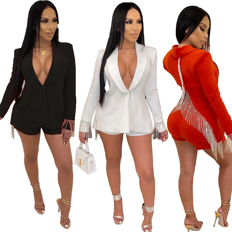 

YD Ins fashion Spring two piece sexy ladies v neck jacket suit tassels club outfits shorts and long sleeve jackets woman