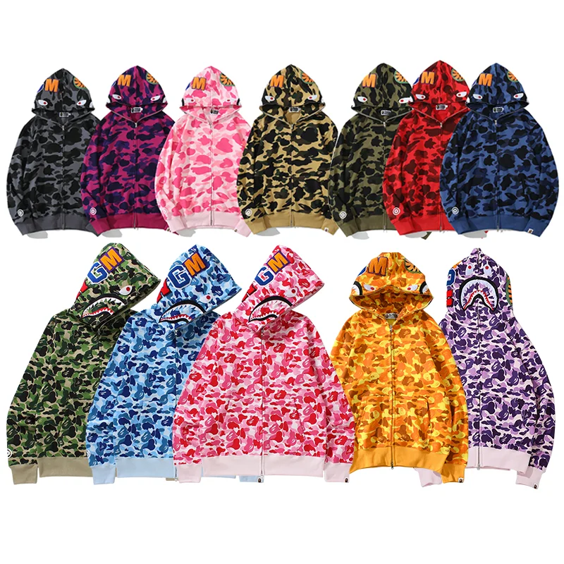 wholesale shark brand camouflage unisex coat full zip up bathing ape hoodies for men women's oversize pullover hoodie