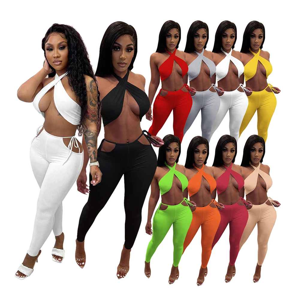 

2021 Summer High Quality Women Clothing Two Piece Pants Set Backless Casual Club Hanging Neck Crop Top Set Ladies Two Piece Sets