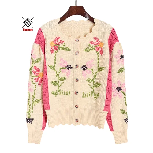 

Women Open Front With Buttons Knit Print Long Sleeve Vintage Cardigan Sweater Top