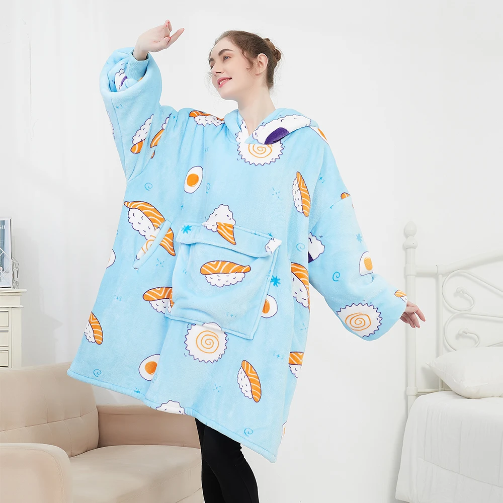 Polyester Adult Hooded Sherpa Wearable Giant Oversize Sweatshirt Blanket Hoodies Wholesale Hood Warming Blanket With Sleeves