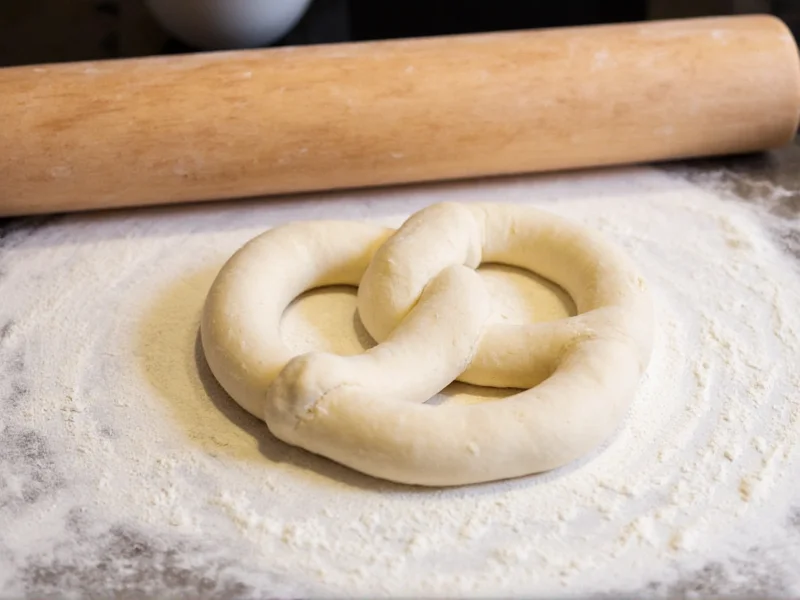 Soft pretzel dough being kneaded on floured surface
