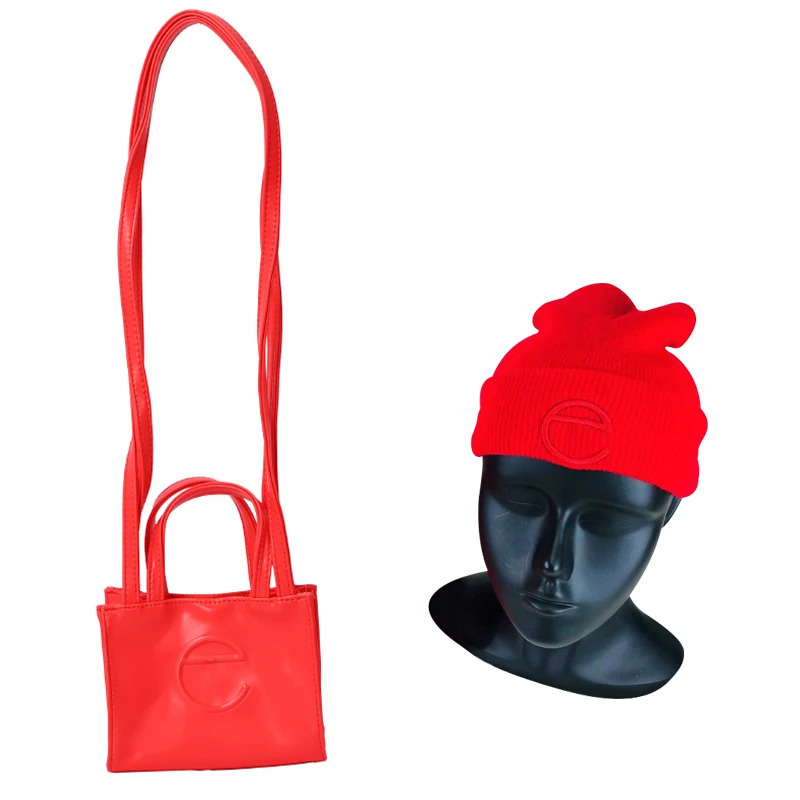 

Designer Plain Handbag Beanie Hat Set Leather Tote Bags With Custom Printed Logo