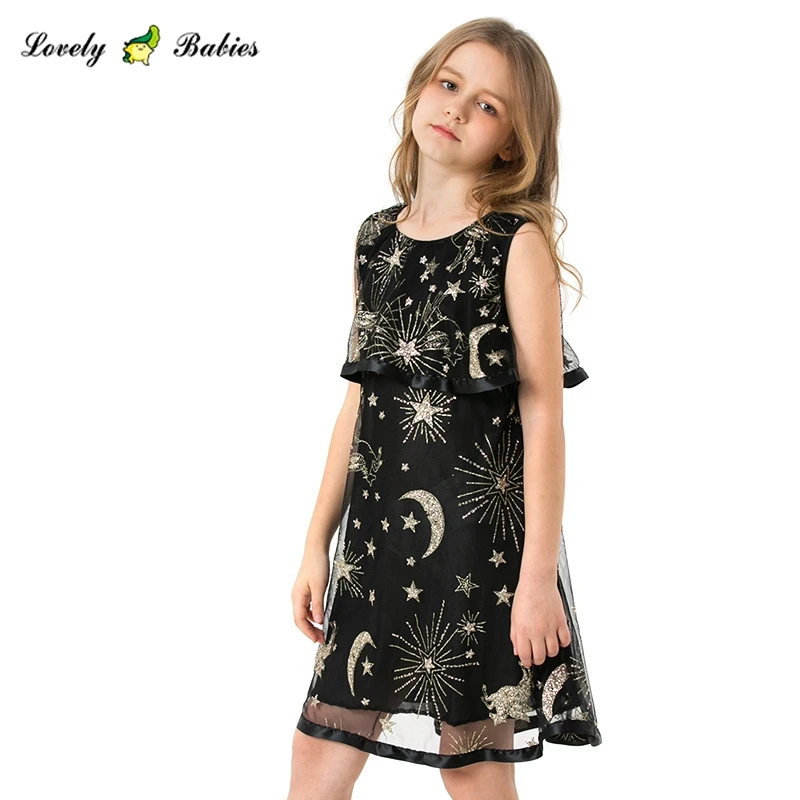 

kids set clothing 2019 dresses 14 year olds kids moon star tiered dress black lace baby dress, Available customized