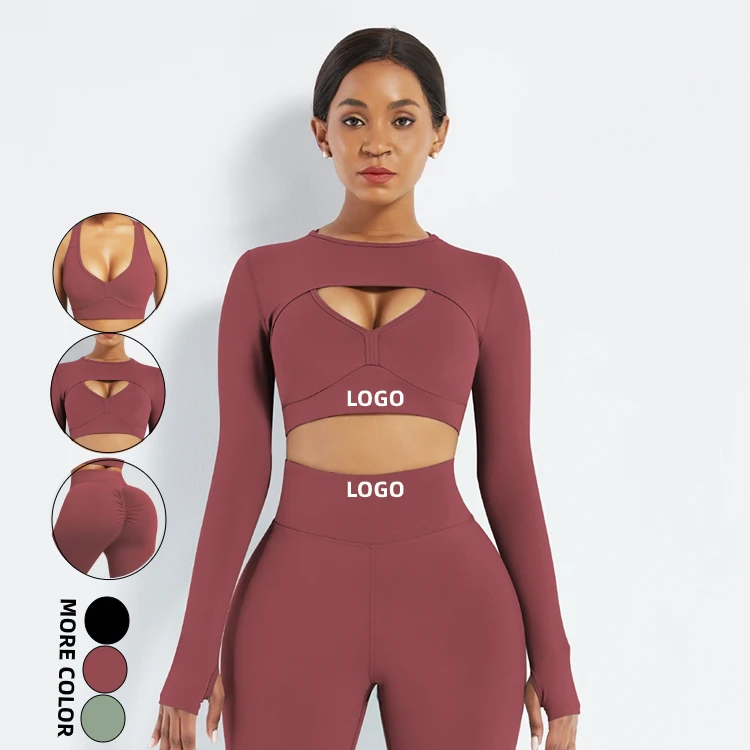 

2021 fitness women clothing 3 Piece Long Sleeve Crop Top And High Waist Yoga Pants Seamless spandex Yoga leggings Set, Customized colors