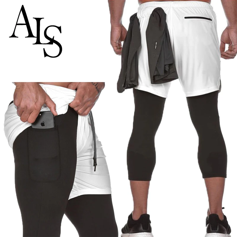 

Men Double Layer Mesh Skinny Workout Yoga Sports Gym Running Leggings Pants With Pockets