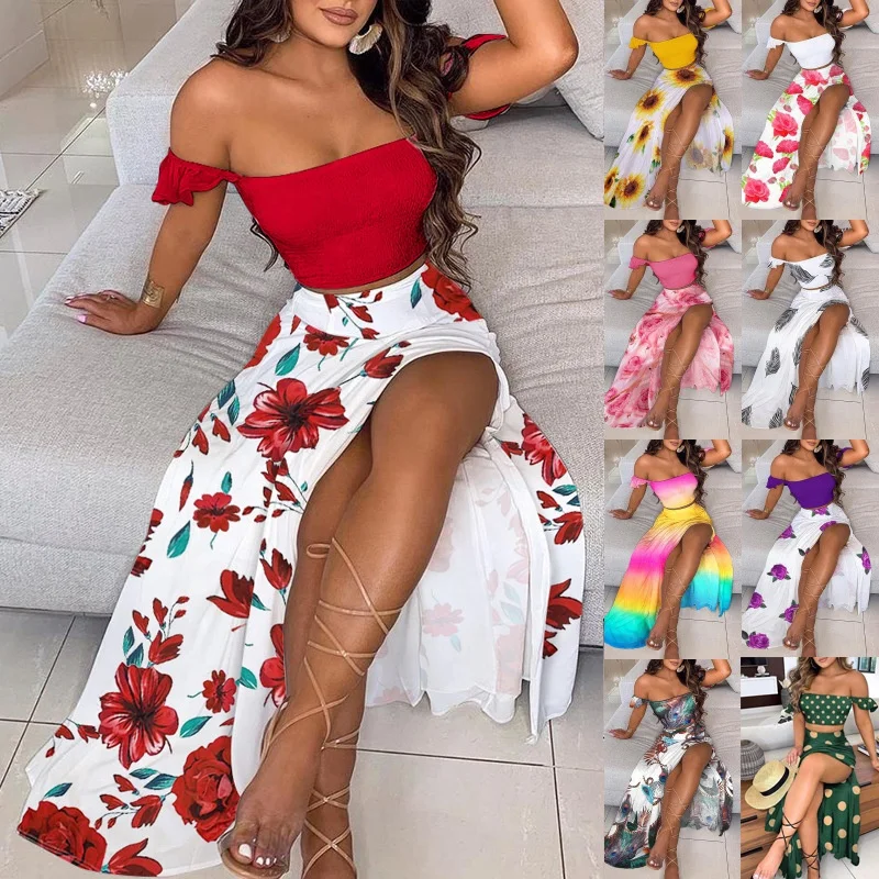 

2021 Summer 5XL Plus Size Bohemian Style Vintage 2 Piece Short Sleeve Off Shoulder Cropped Top Long Slit Skirt Set For Woman