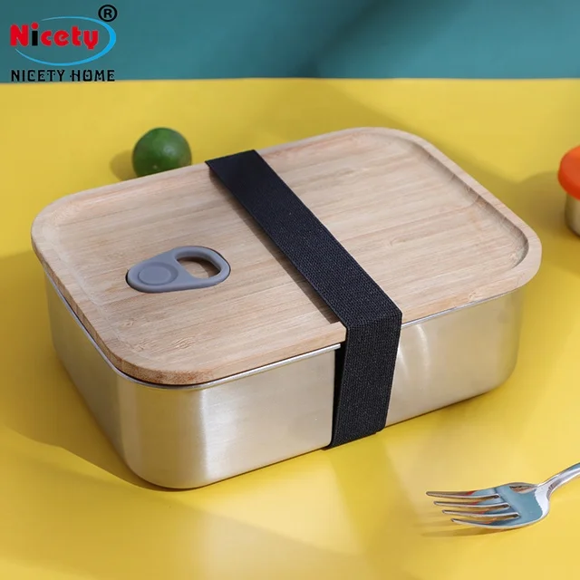 

New Arrival Eco-friendly Bamboo Products Airtight Metal Stainless Steel Lunch Bread Bento Box With Bamboo Lid 1200ml