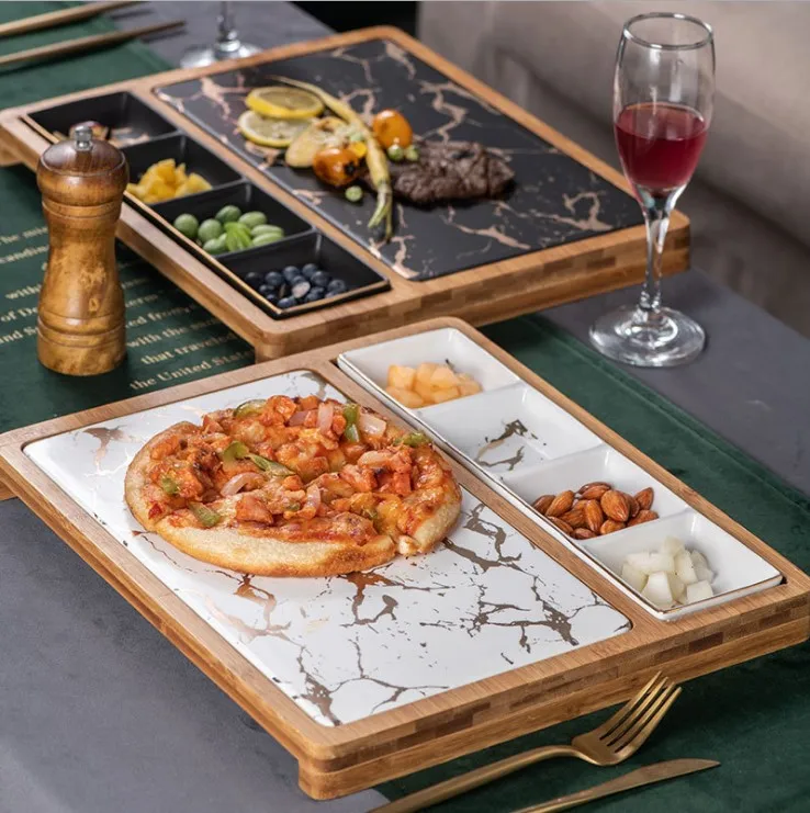 

Nordic Restaurant Pizza Snack Plate Square Ceramic Plate Creative Marble Gold with Checkered Steak Plate