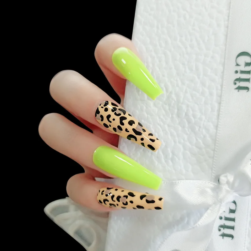 

24 Pcs Press on Nails Long Pure Purple Elegant Shiny Ballet Fluorescent and Yellow Leopard Print Nails with Glue DL, Transparent