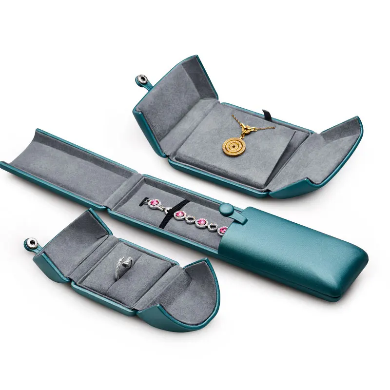 

Light Luxury Lake Blue Jewelry Box Leather Button Folio Delicate Bracelet Box Luxury Ring Box, White