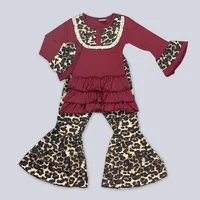 

wholesale burgundy long flare sleeve ruffled pants sets leopard print girls boutique clothing ruffle outfits for girls