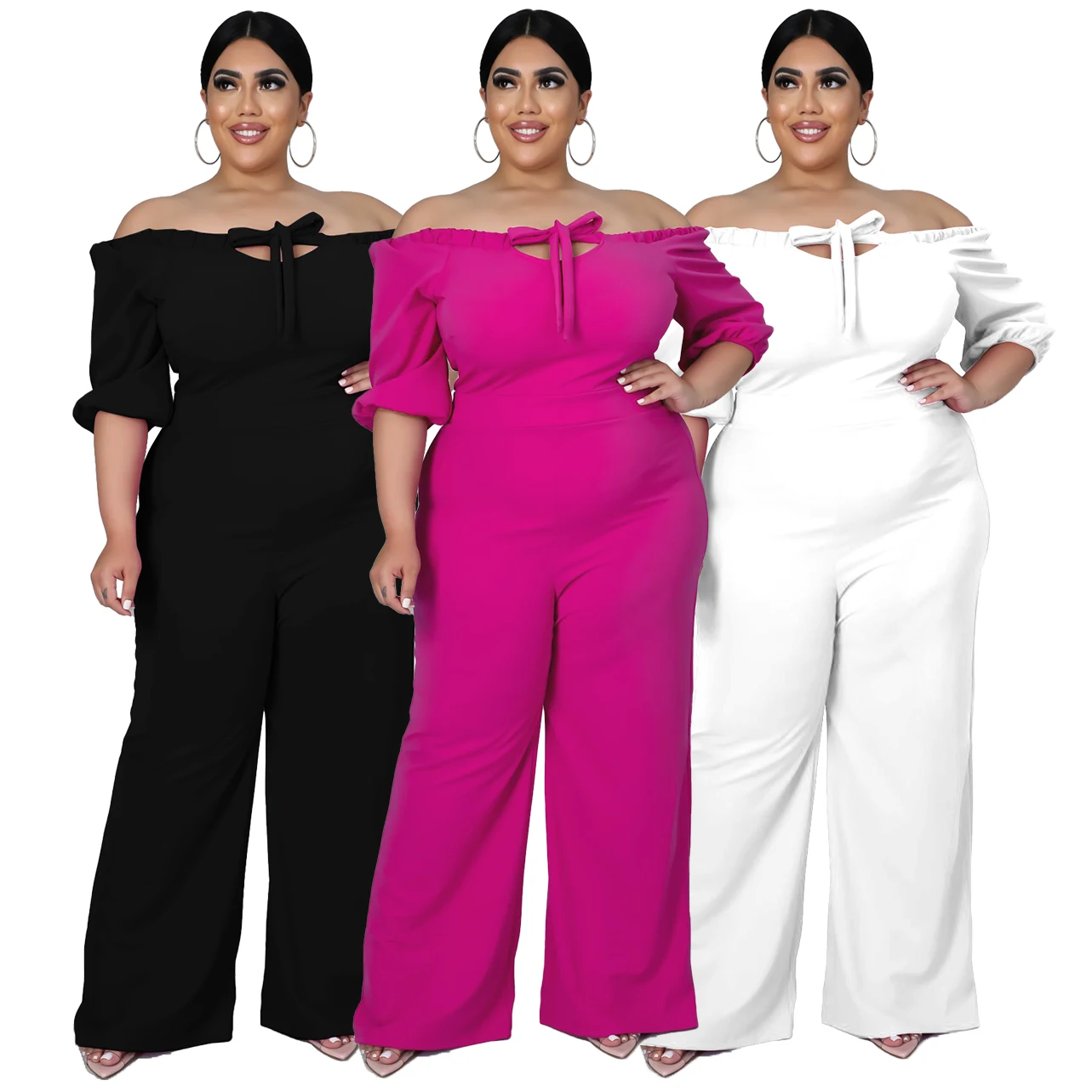 

Dropshipping 2021 Plus Size Fall Women Clothing Solid Color Half Sleeve Off Shoulder Loose One Piece Sexy Jumpsuits, 3 colors