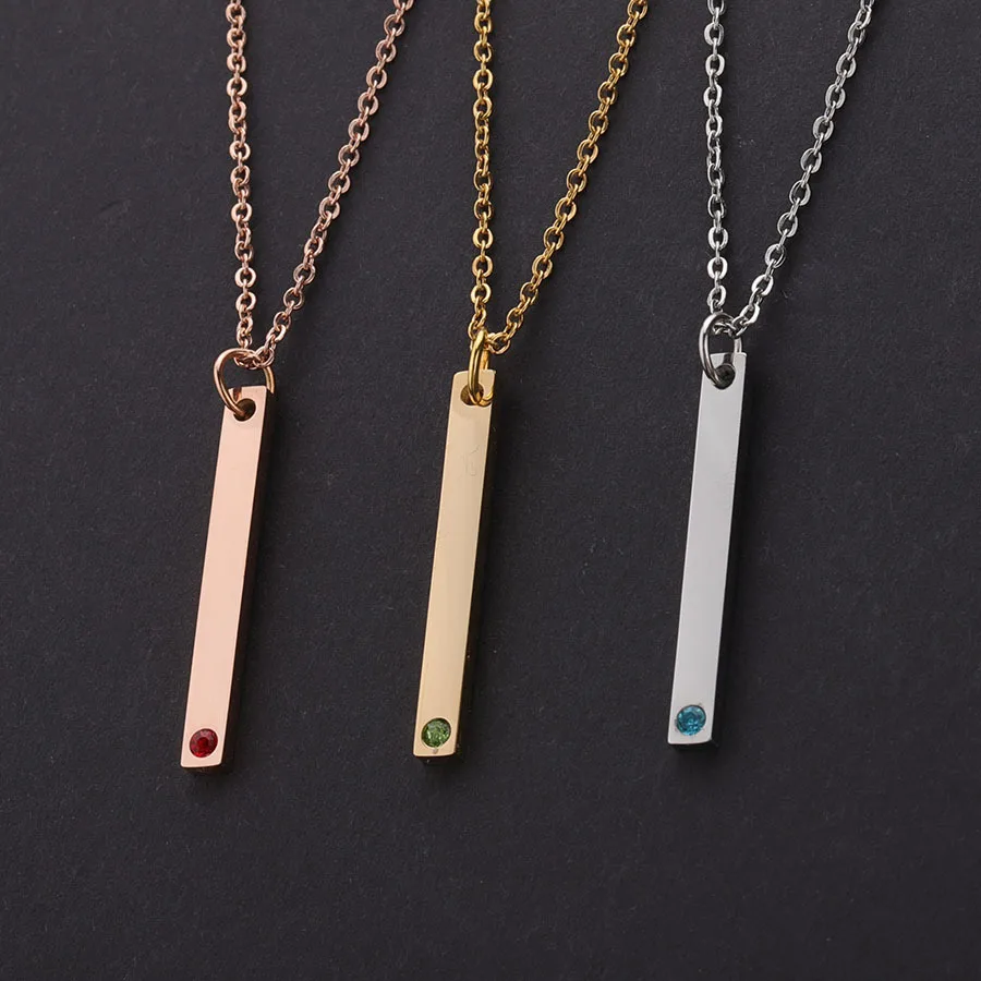 

Silver Gold Plated Blank Long Bar Color Zodiac Birthstone Pendant Necklace Stainless Steel Custom Bar Necklace for women men