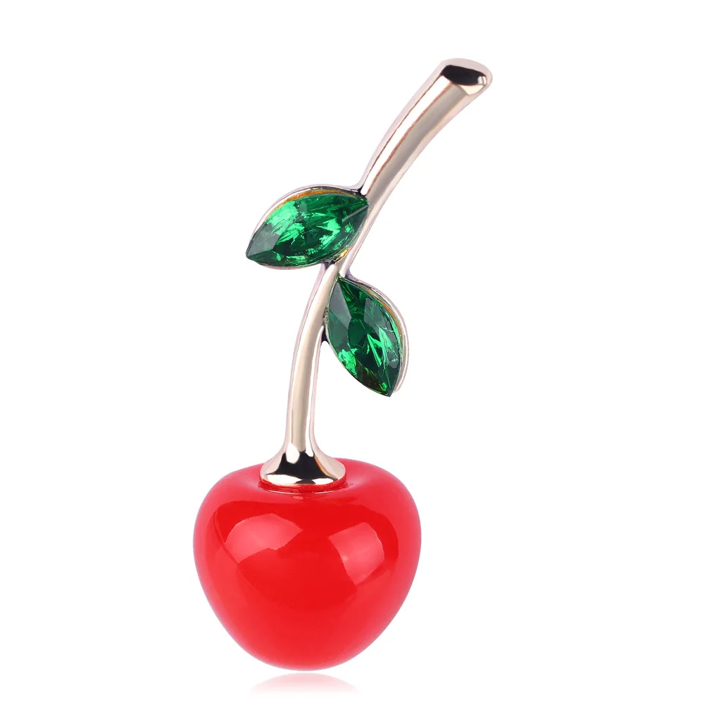 

New Summer Cherries Brooch Green Crystal Leaf Embellish Fruit Brooches for Women Children Enamel Pins Jewelry