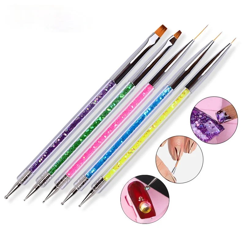 

5pcs set Double End Nail Art Acrylic Gel Extension Builder Brush Flower Design Lines Stripe Liner Drawing Pen Nail Dust Brush, Pink