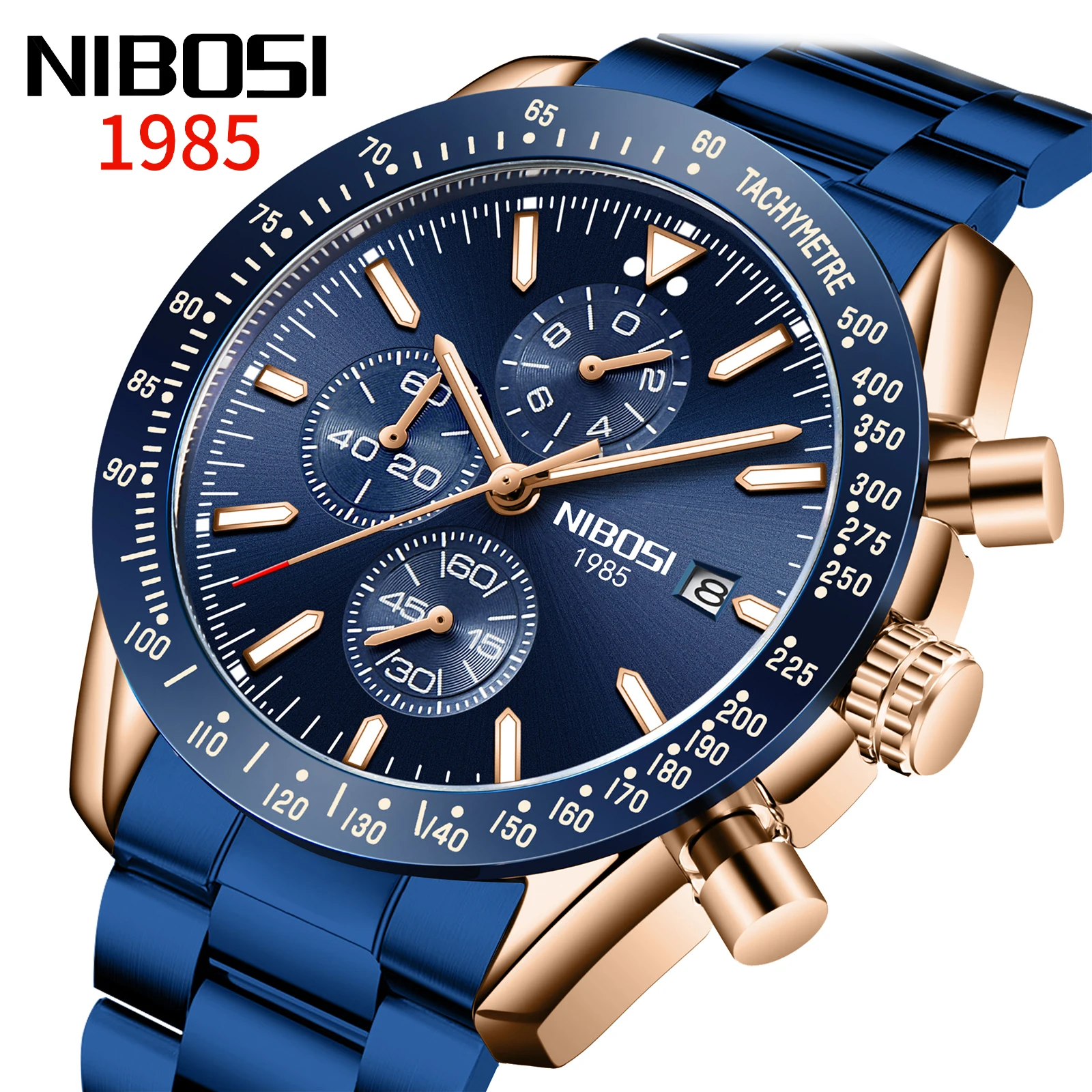 NIBOSI 2615 Sport Stainless Steel Band Wristwatch Men Watch Luminous Chronograph Quartz Watches