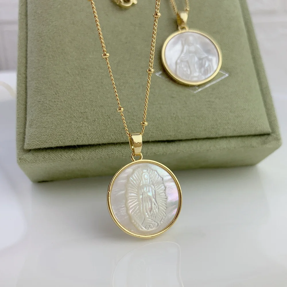 

Isunni In Bulk White Shell Mother of Pearl Gold Plated Virgin Guadalupe Necklace