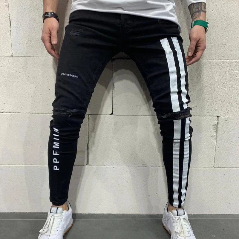 

New custom OEM casual blue men's self-cultivation ripped black denim feet pants paint jeans men