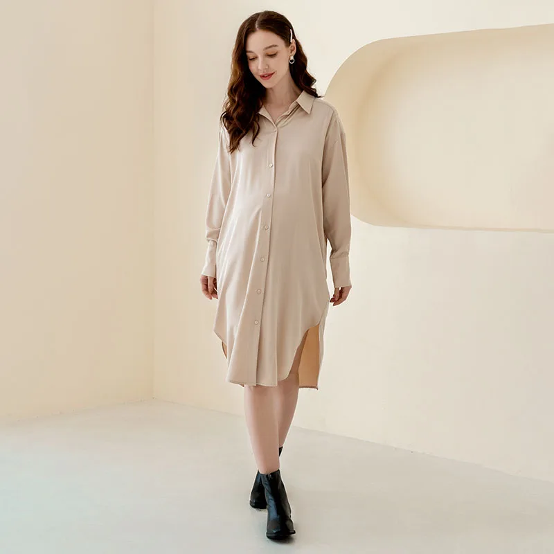 

Long Sleeve Midi Skirt Elegant Casual Outdoor Maternity Dresses, Champagne,black