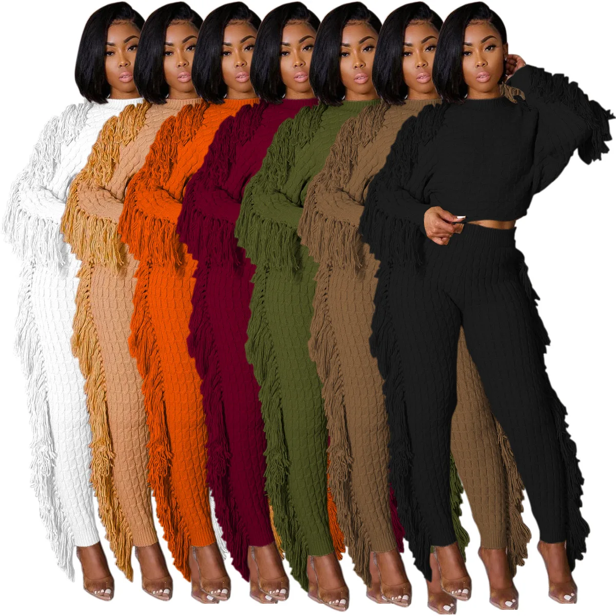 

Wholesale Sweater Set Solid Crop Top High Waist Pants Tassels Knitted Clothing Womens