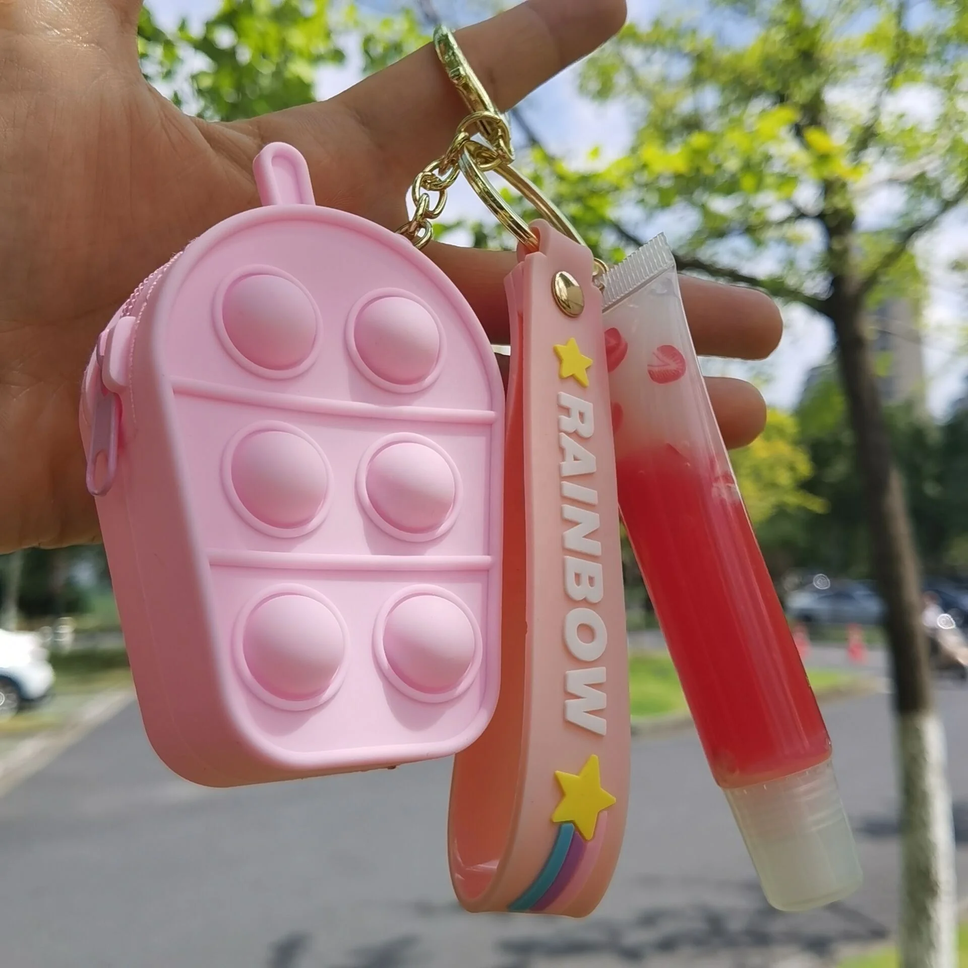 

Bubble Fidget Toy Keychain Lip Gloss Shimmer Rose 2021 Base Private Label Vendor Clear Vegan Fruit Lipgloss