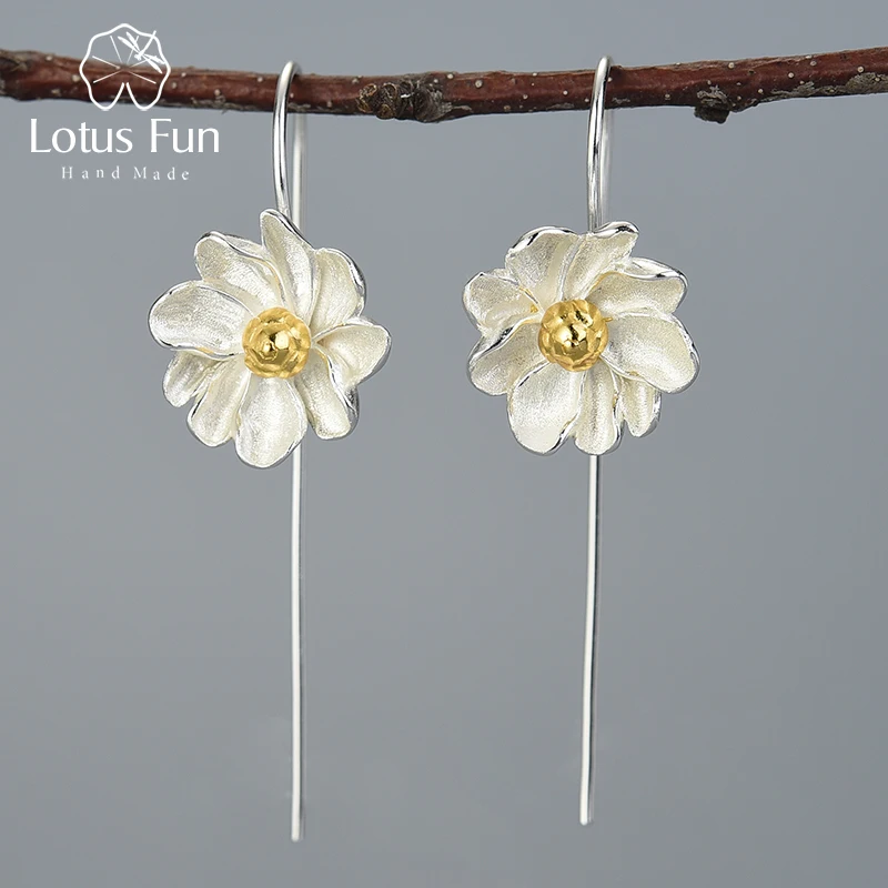 

Lotus Fun Fashion Custom Earrings Jewelry Real 925 Sterling Silver Jasmine Flower Dangle Earrings Sets, Silver and gold