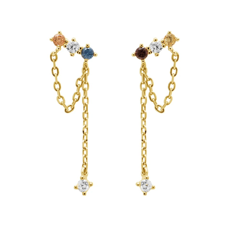 

trendy jewelry 925 sterling silver earrings 18k gold plated colorful cubic zircon dangling tassel stud drop earrings