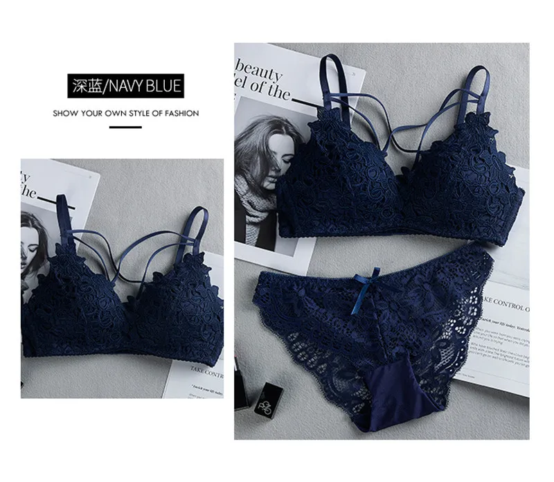 New fashion underwear women sexy thin lingerie set 3/4 Cup embroidered lace wireless sexy bra brief sets
