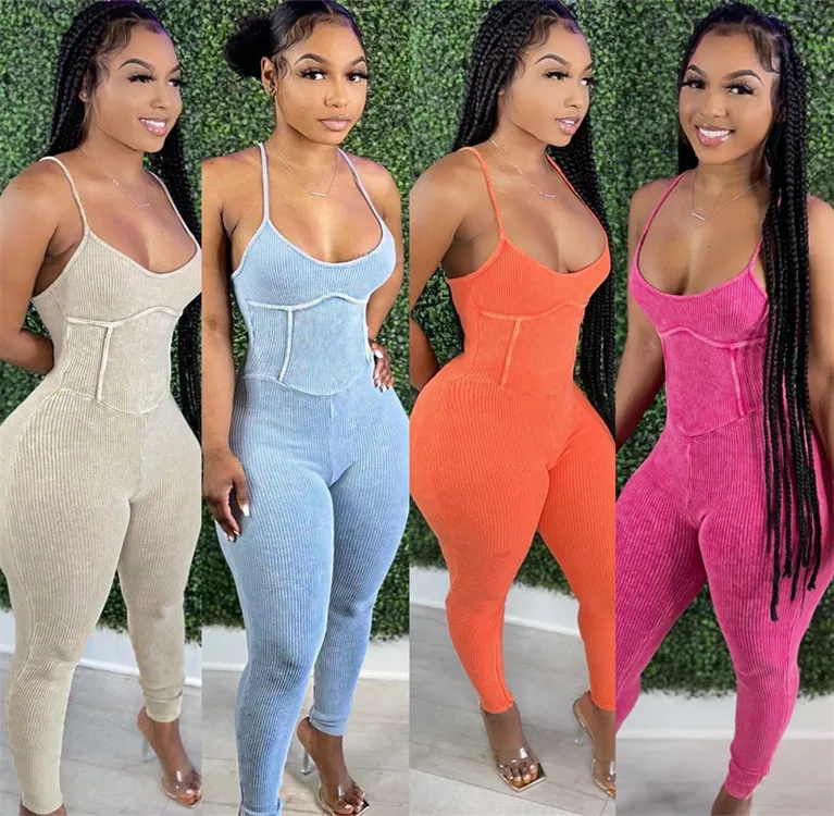 

2021 Best Seller Fashion Halter Solid Color Multicolor Tight Women Stretchy Jumpsuit Lace-up Sexy Summer Jumpsuit, As picture or customized make