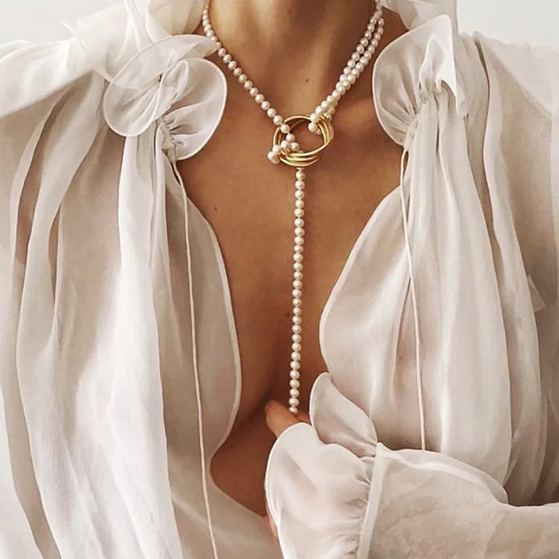 

Fshion Creative Simple Retro Charming Necklace Pearl Heart Pendant Alloy Clavicle Chain Long Necklace, As pic