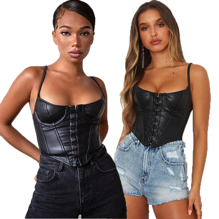 

D96300 Women vest tops 2021 new arrivals fashion PU leather sexy backless shorts women underwear