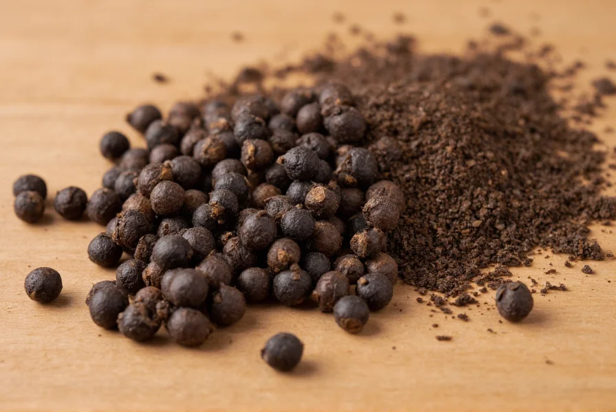 Close-up of black peppercorns and freshly ground pepper on wooden surface showing texture and color variations