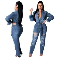 

2020 New Arrivals Long Sleeve Washed Ripped Denim Jumpsuit One Piece Women Clothing