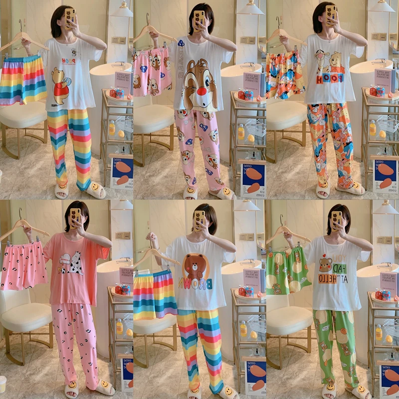 

Milk Silk Sleepwear Loose Home Wear Pajamas Korean Version Cartoon Printed Thin Casual Short Sleeves Shorts 3Pcs Suits For Women, Picture shows