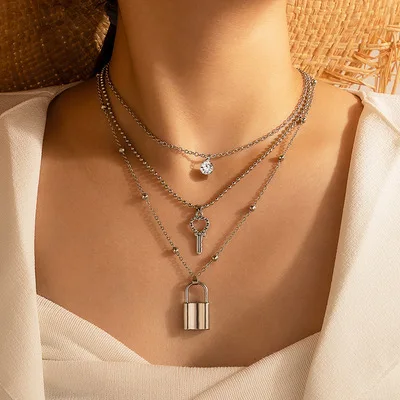 

Amazon Hot Sale Silver Plated Layered Crystal Lock Pendant Necklace Beaded Chain Three Layers Key Necklace For Women