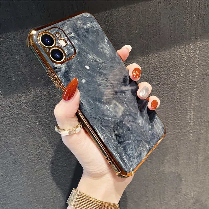 

Custom Gold Electroplating Glossy Black Luxury Marble Phone Case For iPhone 13 12 11 Pro Max 7 8 Plus SE 2020, Black,purple,red,yellow,green