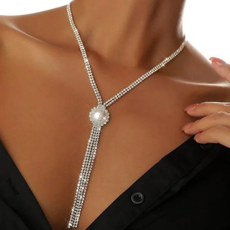 

Full Rhinestone Long Tassel Necklace 2022 Wedding Party Jewelry Ladies Luxury Pearl Choker Necklaces