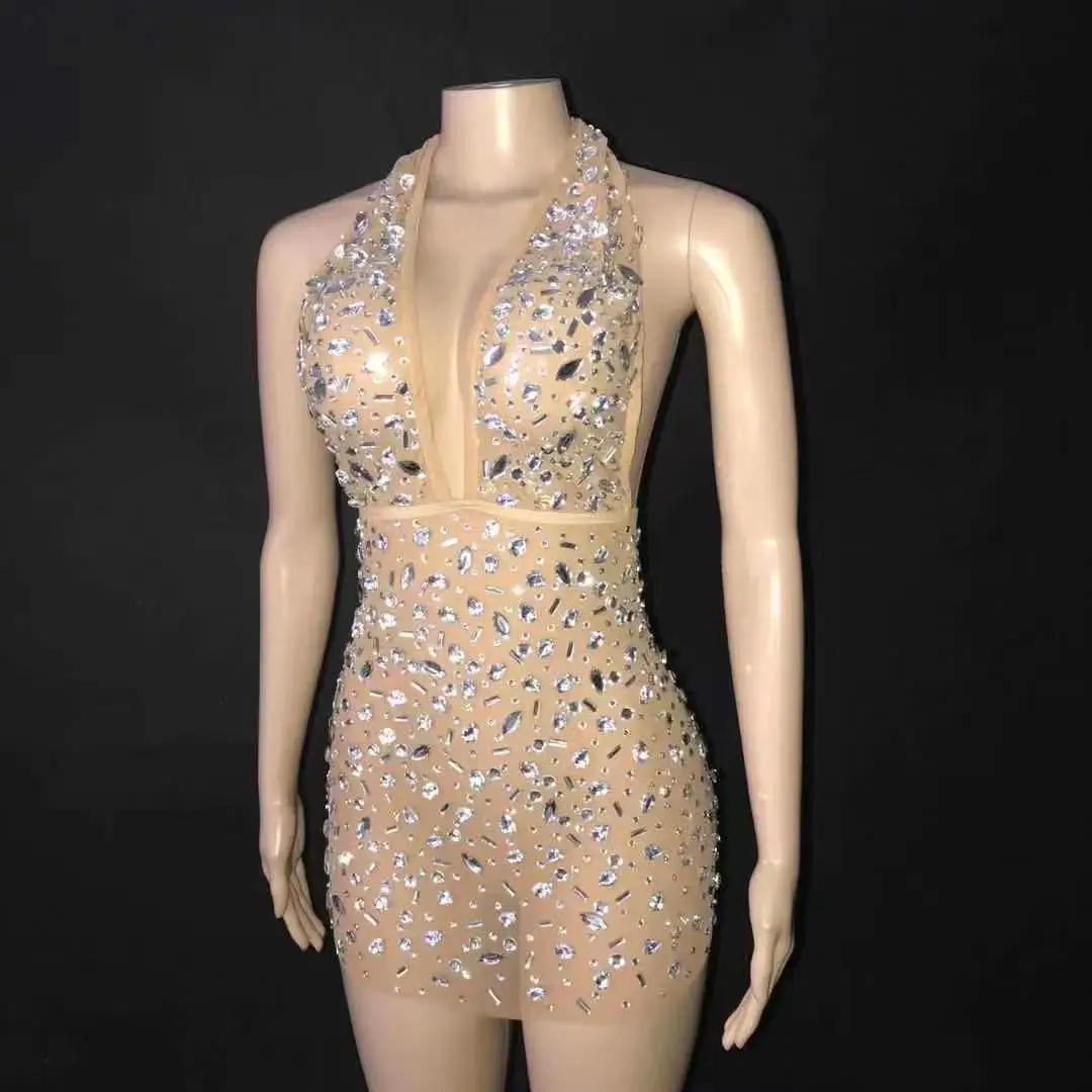 

Sexy Stage Sparkly Silver Crystals Transparent Dress Birthday Celebrate Bling Rhinestones Shining Outfit Dancer Evening Dress