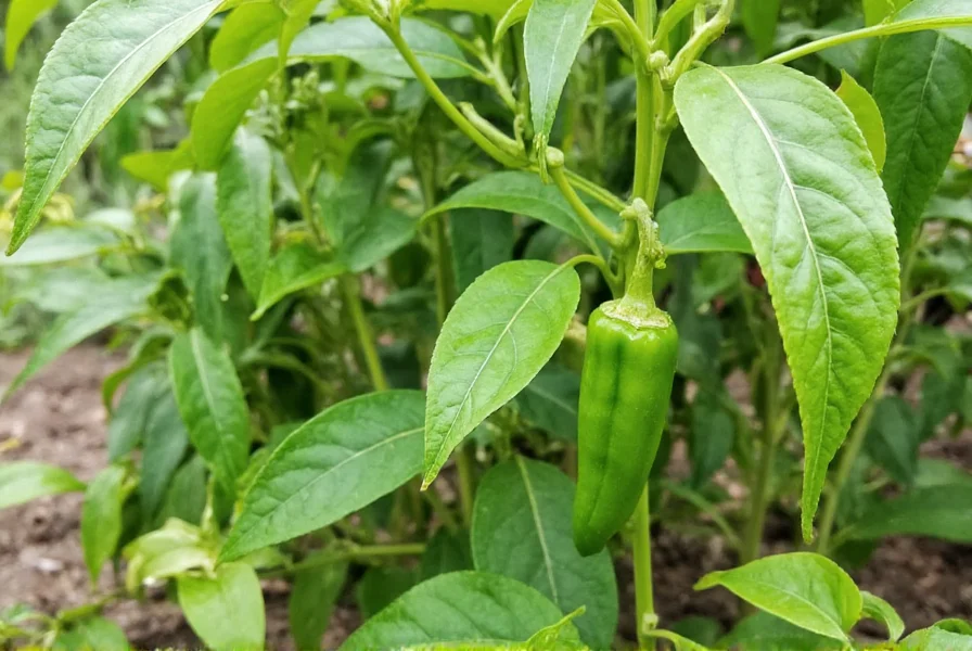 Mature pepper plants growing in garden with proper spacing, showing healthy foliage and developing fruit