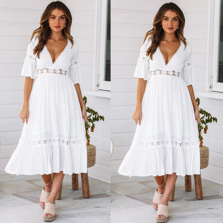 

Summer Long Deep V neck lace Trumpet Sleeves Solid Color elegant white boho dress