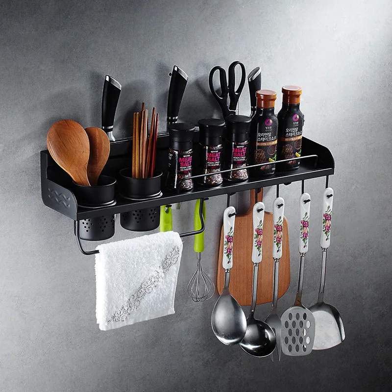 

Stainless Steel Kitchen Rack, Wall-mounted Perforated Black Storage Knife Rack, Seasoning Supplies Rack