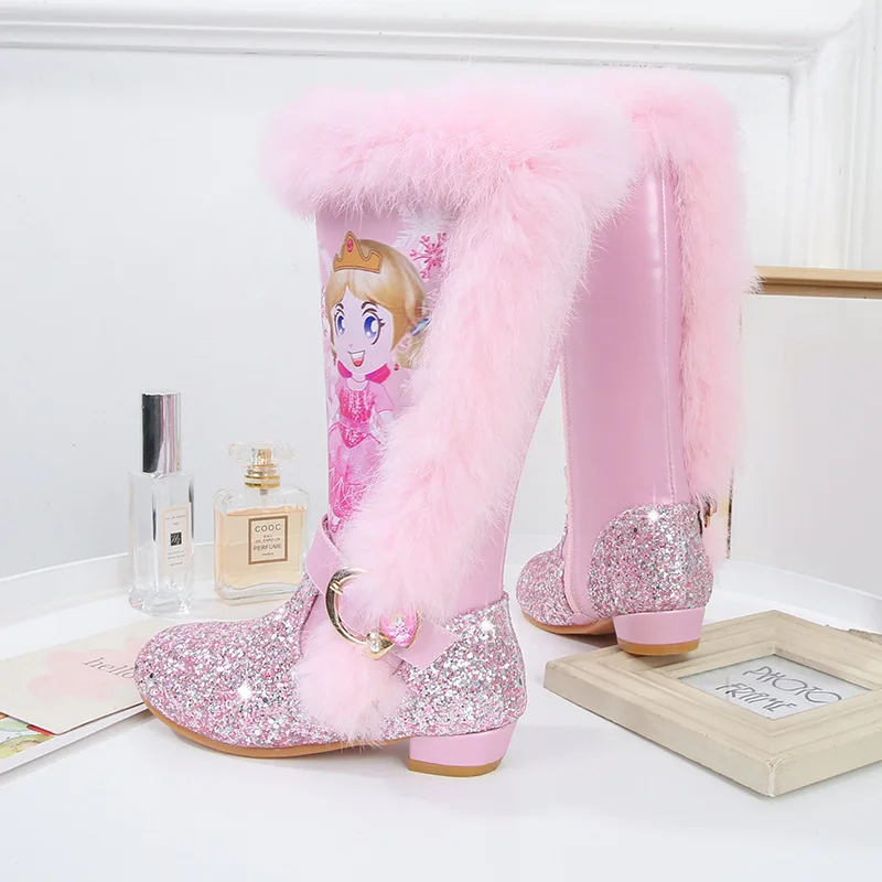 

New winter Children PrincessShoes Girls high heel comfort waterproof Outdoor Winter thicken Warm Snow Boots, Picture