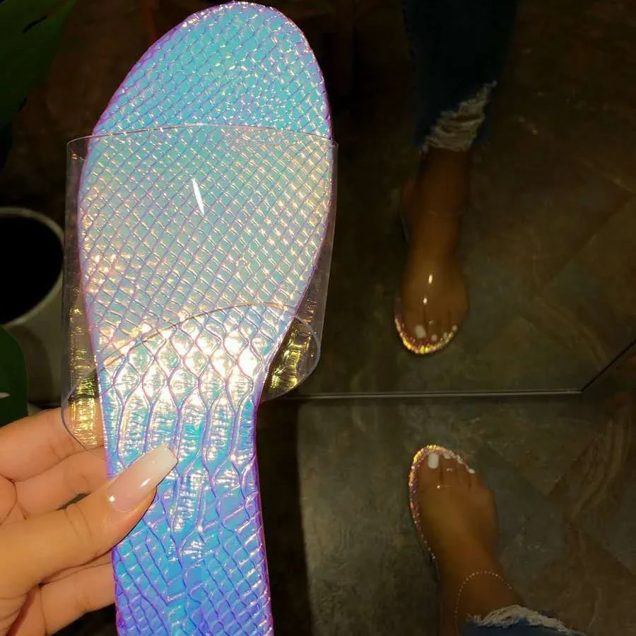 

2021 New Arrival Gradient Color Ladies Sandals Slippers Laser Reflective One Word Flat Clear Upper Slipper Light