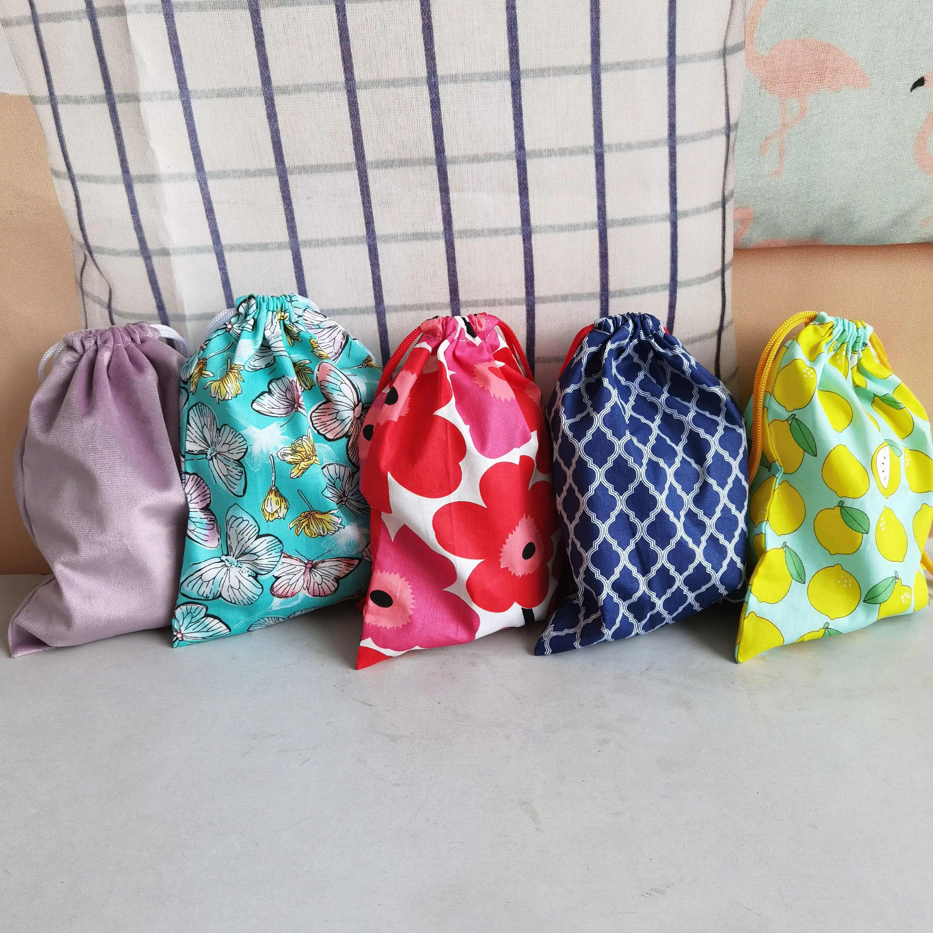 

Custom 100% Cotton Velvet Flowers Animal Cartoon Gift Double String Eco Foldable Small Drawstring Mobile Phone Jewelry Pouch Bag