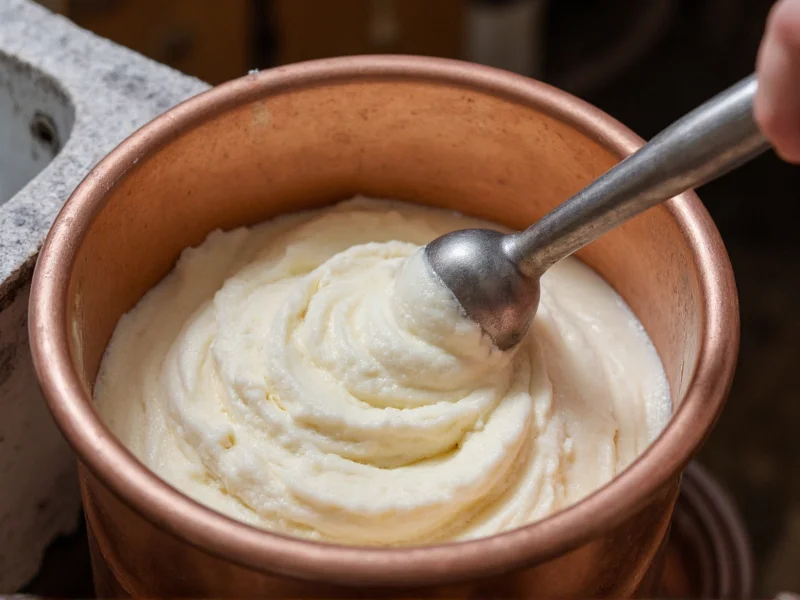 Artisan ice cream maker churning small batches in copper vat